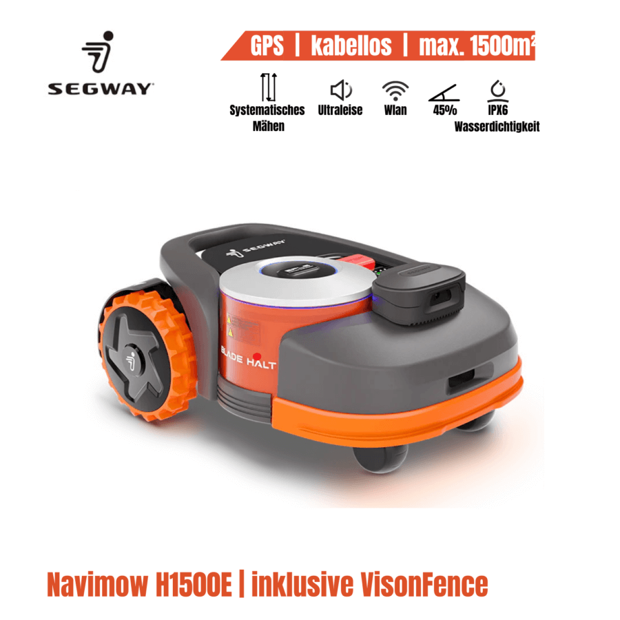 Segway Navimow H1500E Mähroboter mit GPS und kabelloser VisionFence-Technologie, ideal für systematisches Mähen großer Rasenflächen.