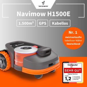 Kabelloser Mähroboter Segway Navimow H1500E mit GPS und einer maximalen Mähfläche von 1.500 m², ausgezeichnet mit der Note 1,2 von Computerbild.