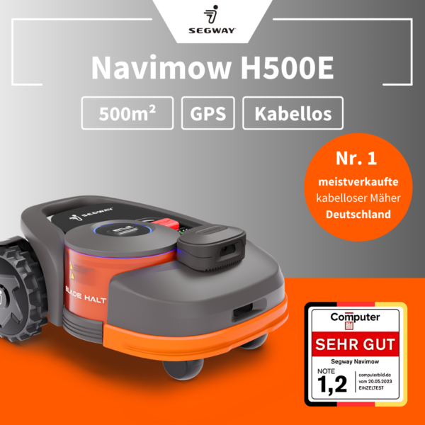 Kabelloser Mähroboter Segway Navimow H500E mit GPS und einer maximalen Mähfläche von 500 m², ausgezeichnet mit der Note 1,2 von Computerbild.