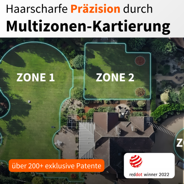 Präzise Multizonen-Kartierung von Navimow Mährobotern für optimale Rasenpflege, unterstützt durch über 200 exklusive Patente, ausgezeichnet mit dem Red Dot Award 2022.