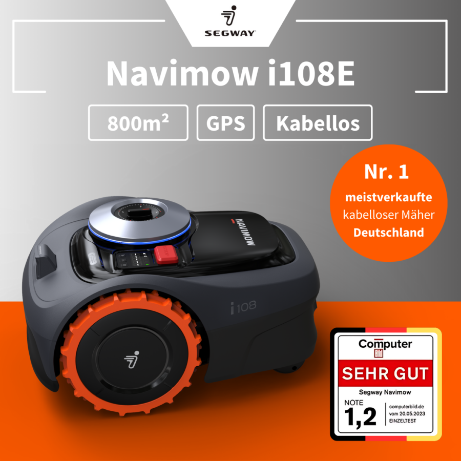 Kabelloser Mähroboter Segway Navimow i108E mit GPS und einer maximalen Mähfläche von 800 m², ausgezeichnet mit der Note 1,2 von Computerbild.