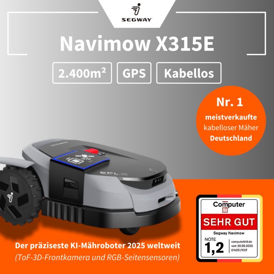 Kabelloser Mähroboter Segway Navimow X315E mit GPS, einer maximalen Mähfläche von 2.400 m² und präziser KI-Technologie, ausgezeichnet mit der Note 1,2 von Computerbild.