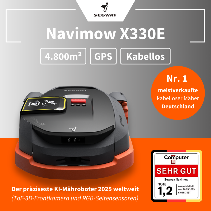 Kabelloser Mähroboter Segway Navimow X330E mit GPS, einer maximalen Mähfläche von 4.800 m² und präziser KI-Technologie, ausgezeichnet mit der Note 1,2 von Computerbild.