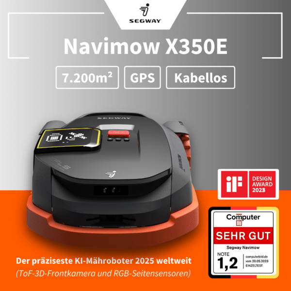 Segway Navimow X350E Mähroboter mit 7.200 m² GPS-Abdeckung und kabelloser KI-Navigation – prämiert mit iF Design Award und Computerbild Note 1,2