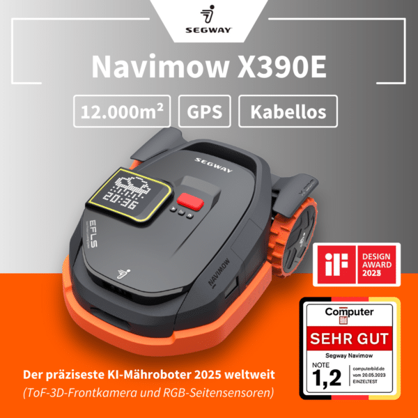 Navimow X390E Mähroboter mit 12.000 m² Flächenleistung, GPS-Navigation und kabelloser Installation – prämiert mit iF Design Award 2023 und Computerbild Note 1,2