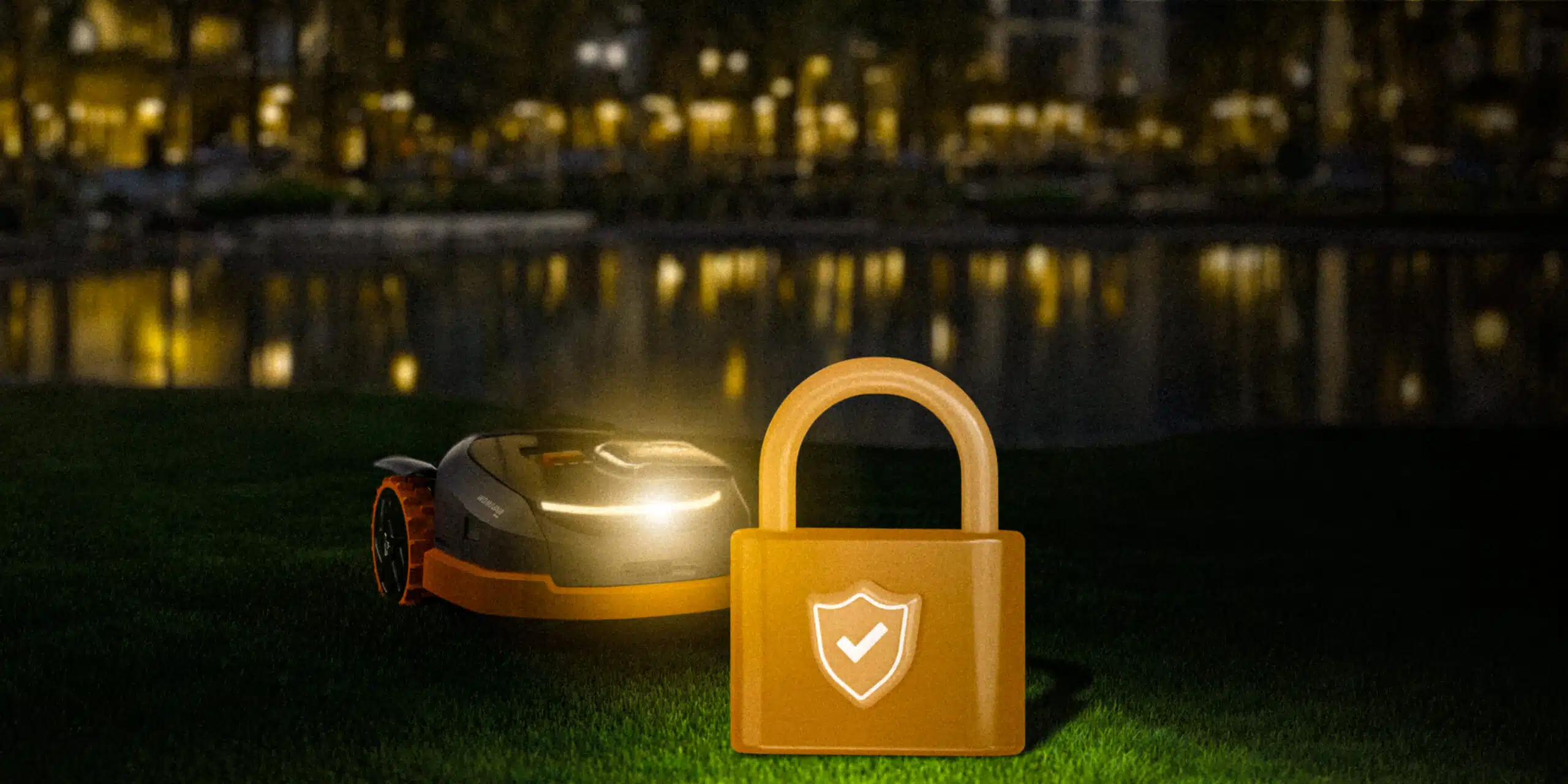 Segway Navimow Mähroboter bei Nacht mit leuchtendem Scheinwerfer und Sicherheitssymbol – optimaler Diebstahlschutz und Überwachung bei Dunkelheit