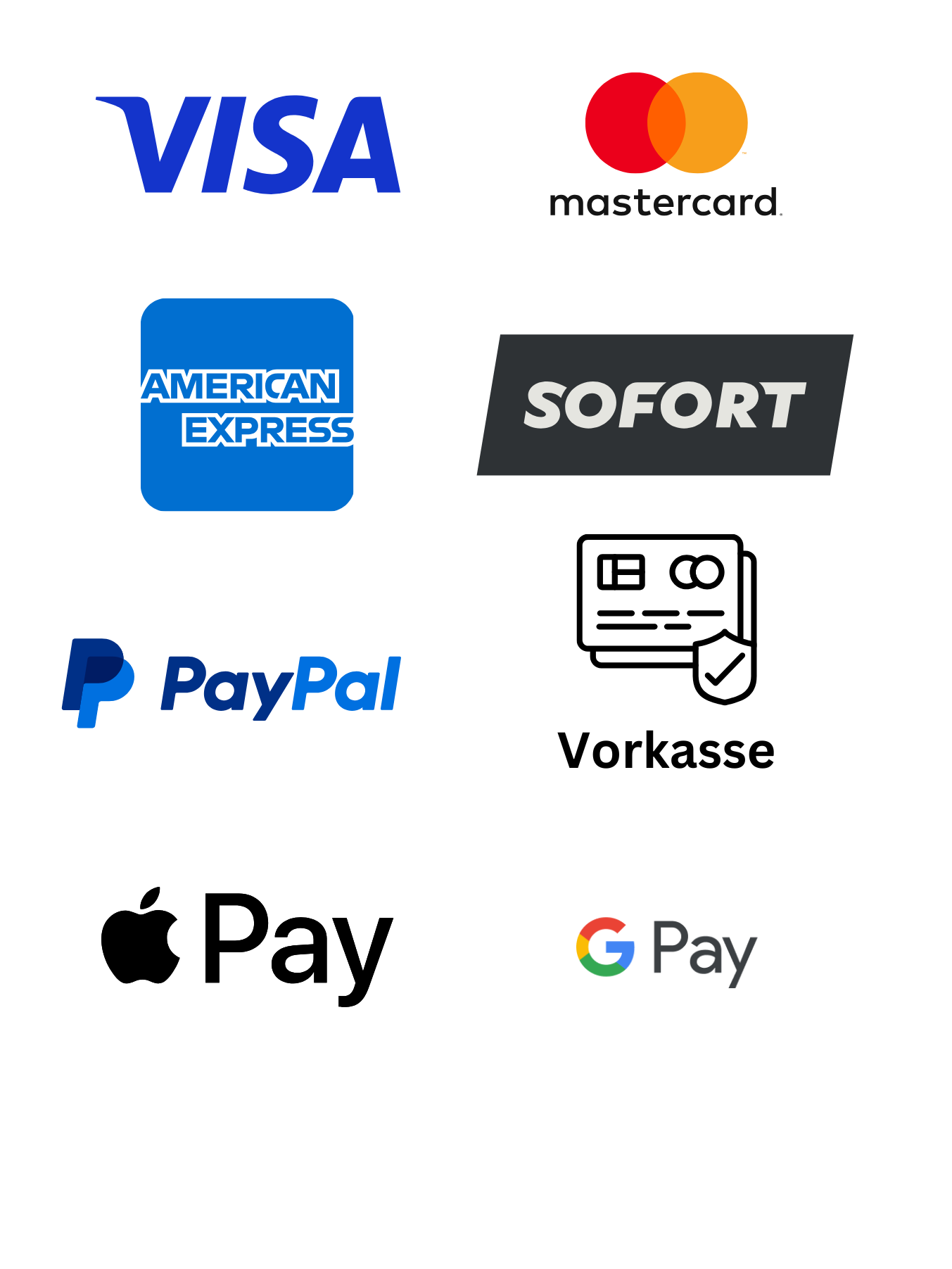 Logos verschiedener Zahlungsmethoden, darunter Visa, Mastercard, American Express, Sofort, PayPal, Vorkasse, Apple Pay und Google Pay, auf transparentem Hintergrund.