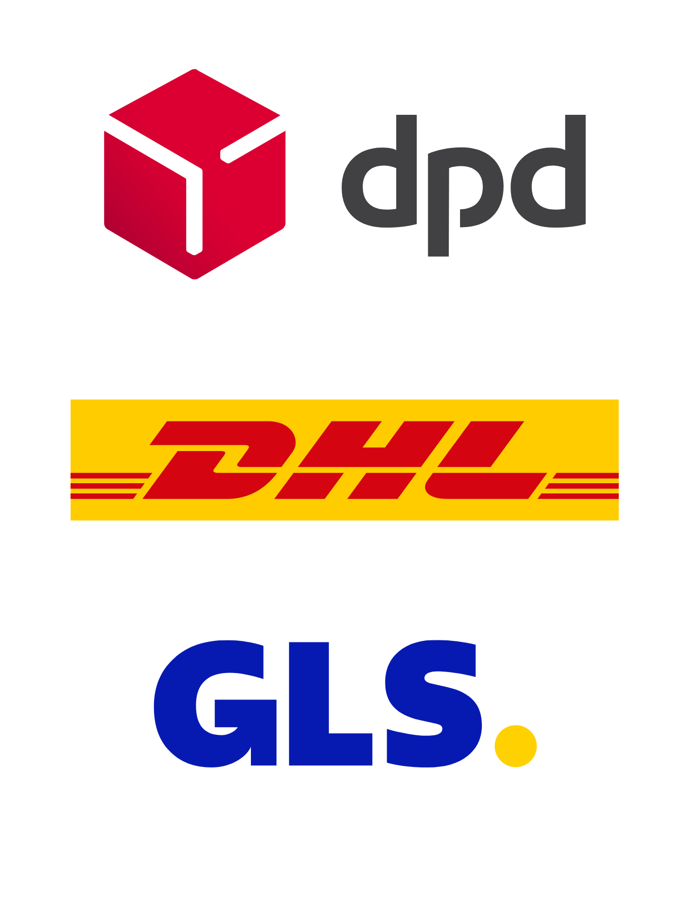 Logos der Versanddienstleister DPD, DHL und GLS auf transparentem Hintergrund, die für zuverlässige Lieferoptionen stehen.