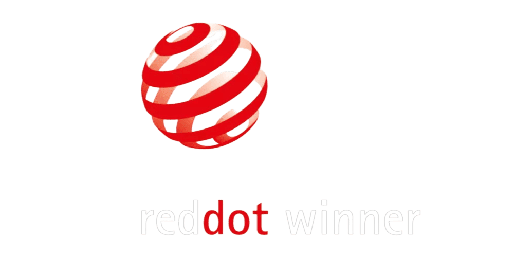 Red Dot Design Award Gewinner-Logo – Auszeichnung für exzellentes Produktdesign mit rotem Punkt auf transparentem Hintergrund