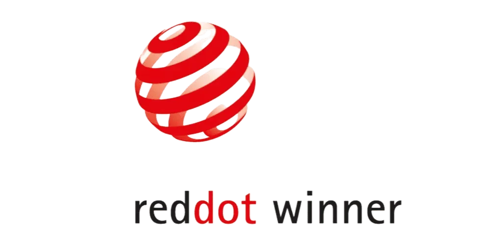 Red Dot Winner Logo mit einer stilisierten roten Kugel und der Beschriftung "red dot winner
