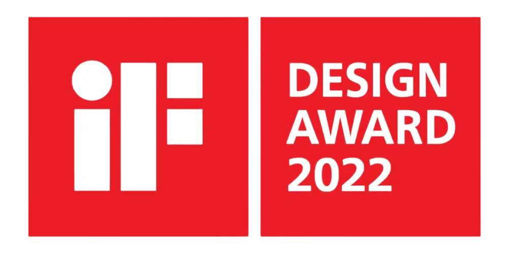 iF Design Award 2022 Logo in roter Farbe, bestehend aus einem stilisierten "iF"-Symbol und der Schrift "Design Award 2022"