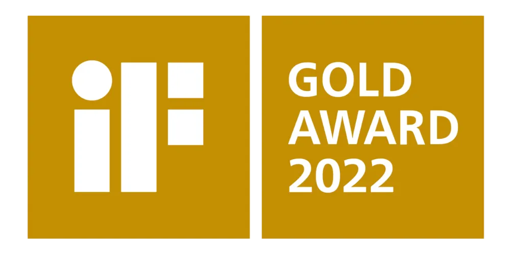 iF Gold Award 2022 Logo in goldener Farbe, bestehend aus einem stilisierten "iF"-Symbol und der Schrift "Gold Award 2022".