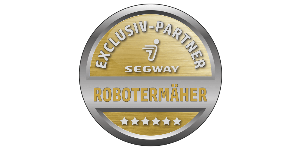 Gold-Silbernes Siegel mit der Aufschrift ‚Exclusiv-Partner Segway Robotermäher‘ und fünf weißen Sternen – offizielles Partnersiegel für Segway Navimow Mähroboter
