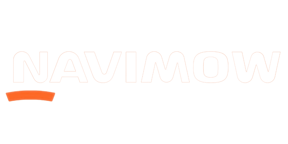 Weißes Navimow-Logo mit orangefarbenem Bogen darunter – Markenlogo des smarten Mähroboters von Segway