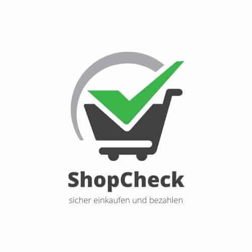 ShopCheck-Logo mit einem Einkaufswagen und grünem Häkchen, das für sicheres Einkaufen und Bezahlen steht.