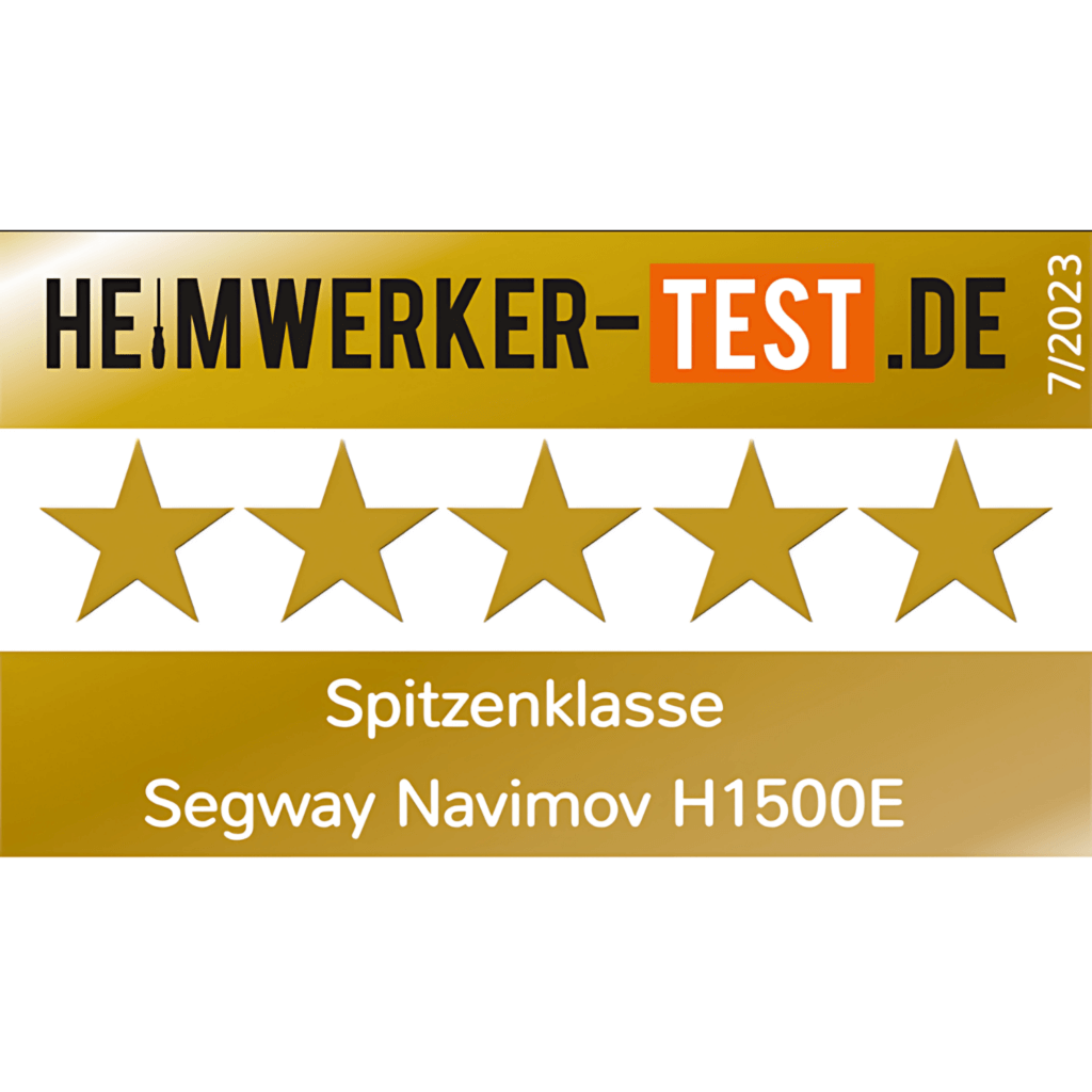 Heimwerker-Test.de Auszeichnung 7/2023: 5 Sterne, Spitzenklasse, Segway Navimow H1500E.