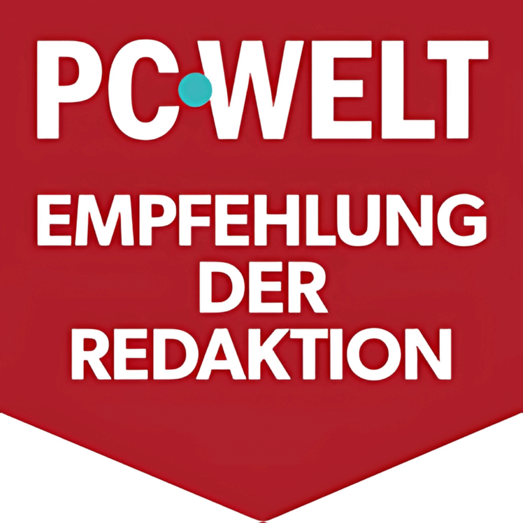 PC-Welt Auszeichnung: Empfehlung der Redaktion, rot-weißes Design