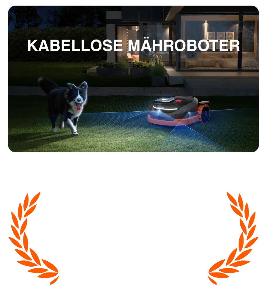 Kabelloser Segway Navimow Mähroboter bei Nacht im Garten mit Hund – Nr.1 Mähroboter in Deutschland für sichere und intelligente Rasenpflege.