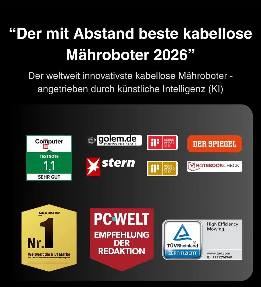 Segway Navimow bester kabelloser Mähroboter 2026 – KI-betrieben, TÜV-zertifiziert, Testsieger Computer BILD Note 1,1