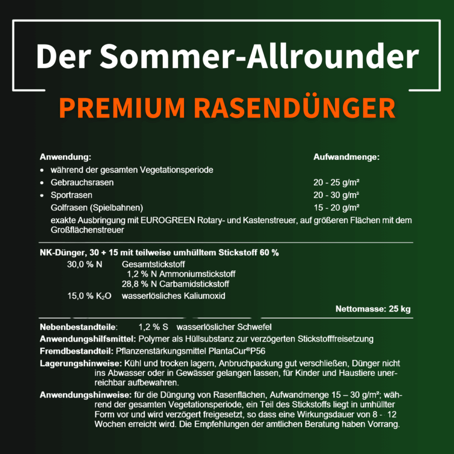 Produktinformation zum Premium Rasendünger von Navi-Mähroboter – Anwendung, Dosierung und Inhaltsstoffe des Sommer-Allrounders mit 25 kg Nettomasse