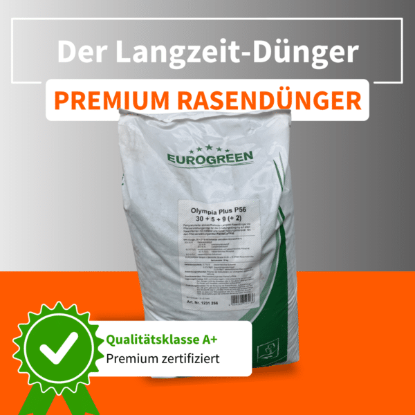 Eurogreen Olympia Plus P56 Langzeit-Rasendünger mit NPK 30+5+9(+2) – Premium zertifiziert, Qualitätsklasse A+ für dichte, gesunde Rasenflächen