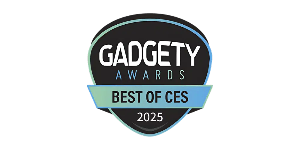 Schwarzes Emblem mit hellblauem Banner – Text ‚Gadgety Awards – Best of CES 2025‘