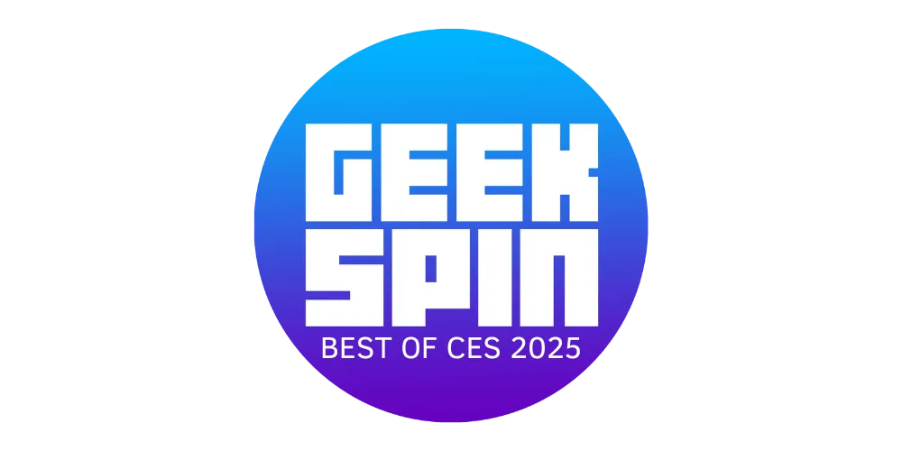 Rundes Logo mit Farbverlauf von Blau zu Violett und weißem Text ‚GEEK SPIN – Best of CES 2025‘