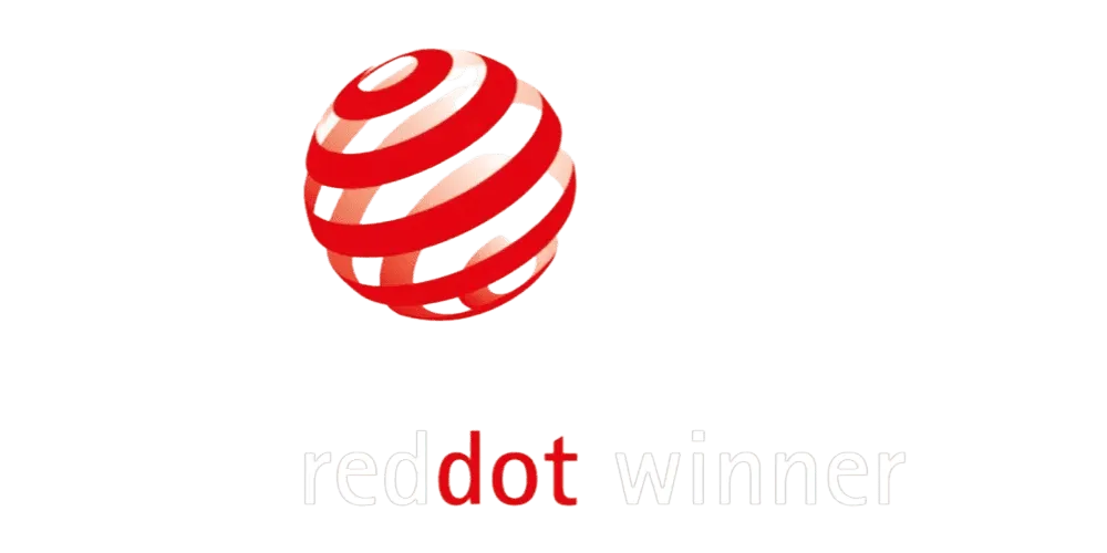 Red Dot Design Award Gewinner-Logo – Auszeichnung für exzellentes Produktdesign mit rotem Punkt auf transparentem Hintergrund
