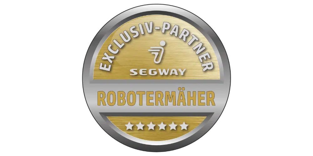 Gold-Silbernes Siegel mit der Aufschrift ‚Exclusiv-Partner Segway Robotermäher‘ und fünf weißen Sternen – offizielles Partnersiegel für Segway Navimow Mähroboter