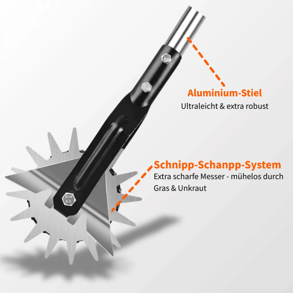 Detailansicht Rasenkantenschneider – Aluminium-Stiel ultraleicht & robust mit Schnipp-Schnapp-System für müheloses Schneiden