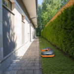 Segway Navimow H206E, H210E, H215E und H230E Mähroboter beim kabellosen Mähen eines schmalen Gartenbereichs entlang von Wegen und Hecken