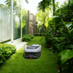 Segway Navimow i210E awd Mähroboter mäht kabellos einen schmalen Gartenbereich entlang von Hauswand und Bepflanzung