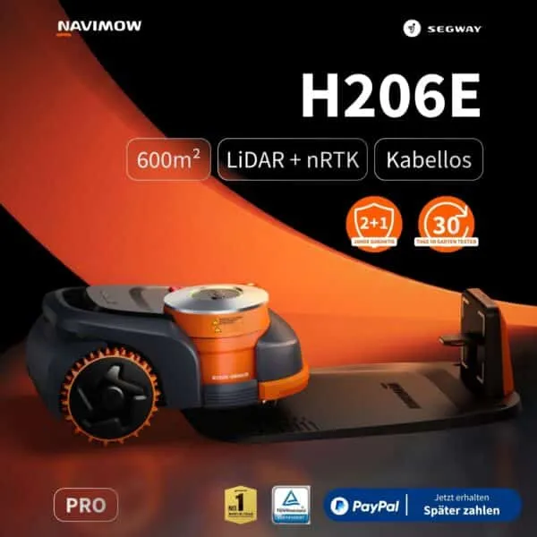 Segway Navimow H206E Pro Mähroboter in Schwarz-Orange mit LiDAR + nRTK-Navigation, kabellosem Betrieb für bis zu 600 m², 2+1 Jahre Garantie, TÜV-zertifiziert