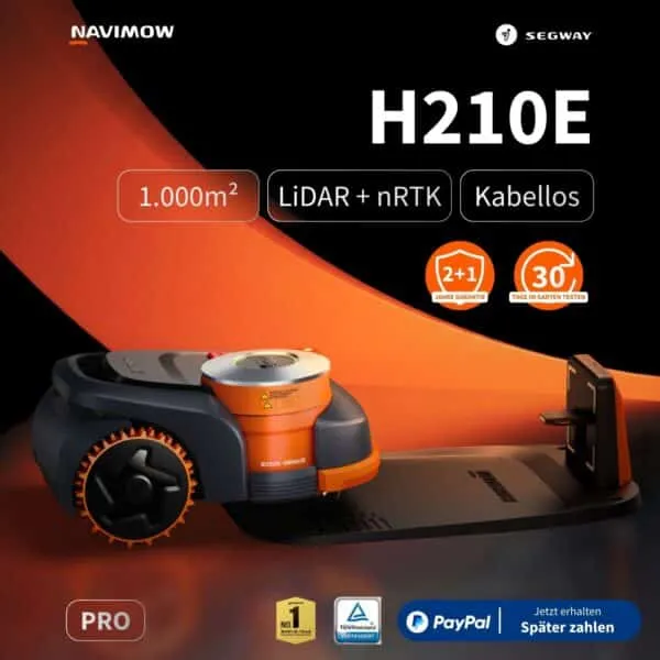 Segway Navimow H210E Pro Mähroboter in Schwarz-Orange mit LiDAR + nRTK-Navigation, kabellosem Betrieb für bis zu 1.000 m², 2+1 Jahre Garantie, TÜV-zertifiziert
