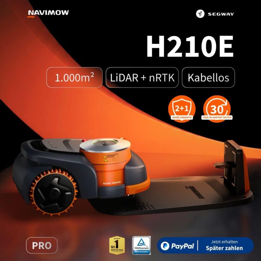 Segway Navimow H210E Pro Mähroboter in Schwarz-Orange mit LiDAR + nRTK-Navigation, kabellosem Betrieb für bis zu 1.000 m², 2+1 Jahre Garantie, TÜV-zertifiziert