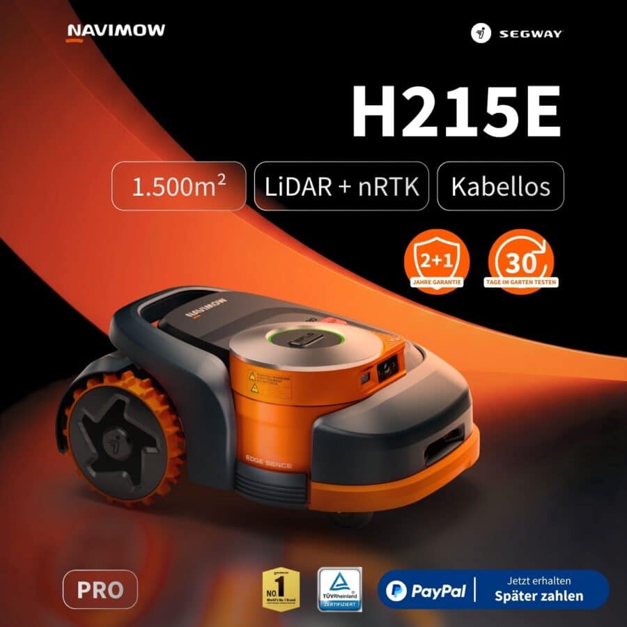 Segway Navimow H215E Pro Mähroboter in Schwarz-Orange mit LiDAR + nRTK-Navigation, kabellosem Betrieb für bis zu 1.500 m², 2+1 Jahre Garantie, TÜV-zertifiziert
