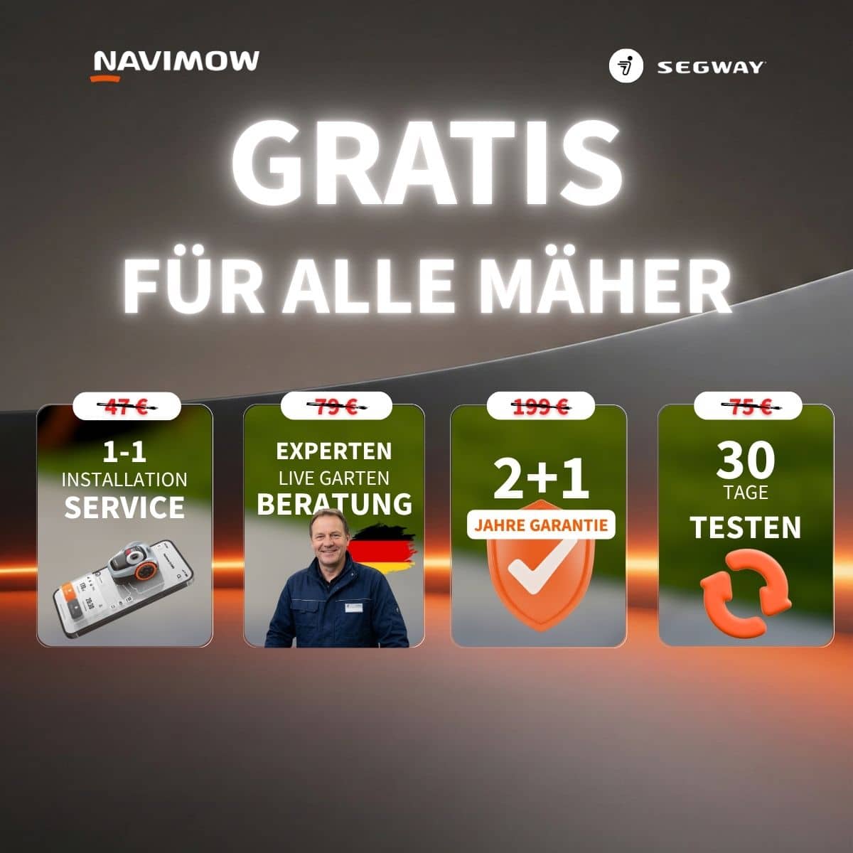 Segway Navimow – Gratis Installations-Service, Experten-Beratung, 3 Jahre Garantie und 30 Tage Rückgabe für alle Mähroboter
