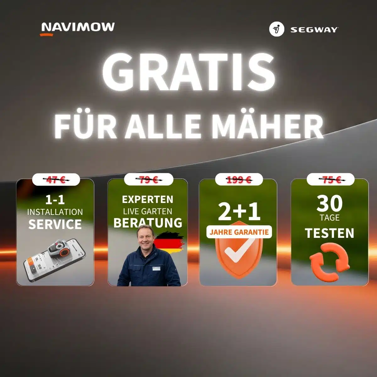 Segway Navimow – Gratis Installations-Service, Experten-Beratung, 3 Jahre Garantie und 30 Tage Rückgabe für alle Mähroboter