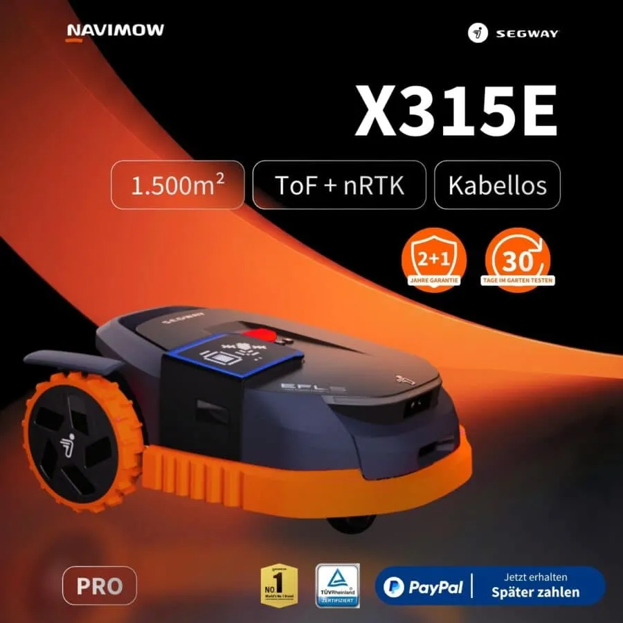 Segway Navimow X315E Pro Mähroboter in Schwarz-Orange mit ToF + nRTK-Navigation, kabellosem Betrieb für bis zu 1.500 m², 2+1 Jahre Garantie, TÜV-zertifiziert