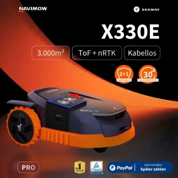 Segway Navimow X330E Pro Mähroboter in Schwarz-Orange mit ToF + nRTK-Navigation, kabellosem Betrieb für bis zu 3.000 m², 2+1 Jahre Garantie, TÜV-zertifiziert