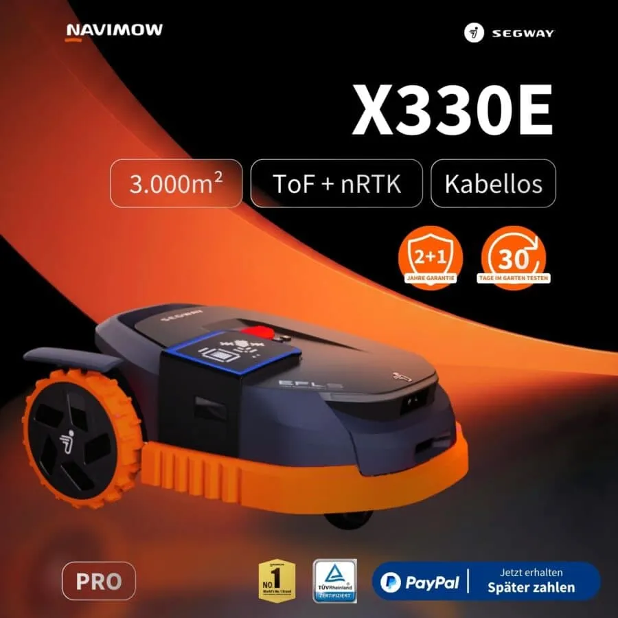 Segway Navimow X330E Pro Mähroboter in Schwarz-Orange mit ToF + nRTK-Navigation, kabellosem Betrieb für bis zu 3.000 m², 2+1 Jahre Garantie, TÜV-zertifiziert