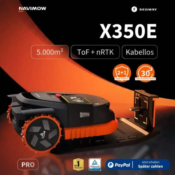 Segway Navimow X350E Pro Mähroboter in Schwarz-Orange mit ToF + nRTK-Navigation, kabellosem Betrieb für bis zu 5.000 m², 2+1 Jahre Garantie, TÜV-zertifiziert