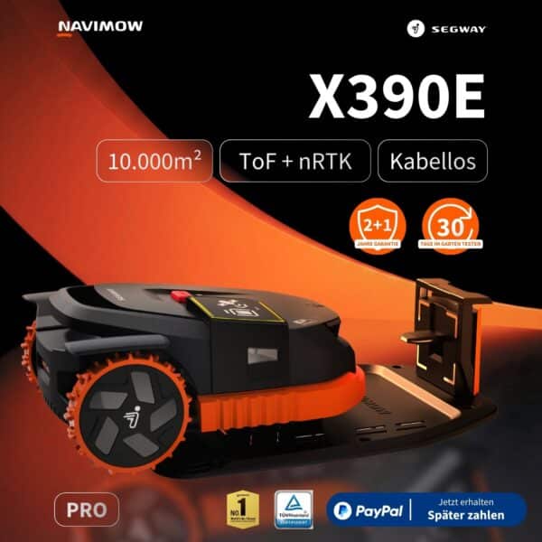 Segway Navimow X390E Pro Mähroboter in Schwarz-Orange mit ToF + nRTK-Navigation, kabellosem Betrieb für bis zu 10.000 m², 2+1 Jahre Garantie, TÜV-zertifiziert