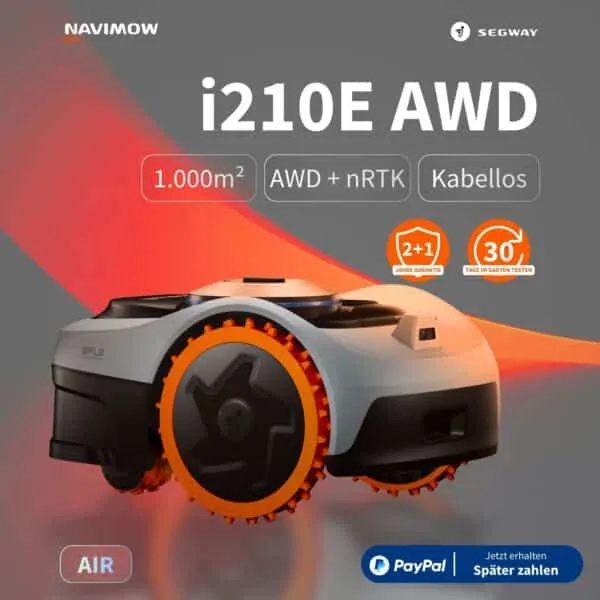 Segway Navimow i210E AWD Air Mähroboter in Weiß-Orange mit AWD + nRTK-Navigation, kabellosem Betrieb für bis zu 1.000 m², 2+1 Jahre Garantie, großen orangefarbenen Rädern