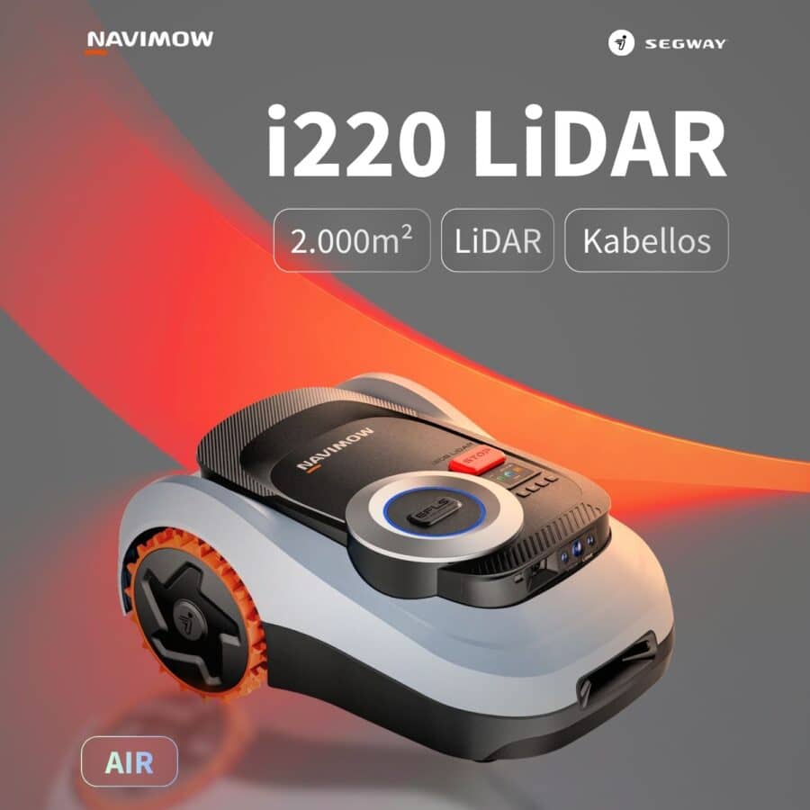 Segway Navimow i220 LiDAR Air Mähroboter in Weiß-Schwarz mit LiDAR-Navigation, kabellosem Betrieb für bis zu 2.000 m², kompaktes Design