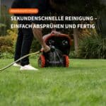 Segway Navimow H2 Mähroboter wird mit Gartenschlauch abgespritzt – einfache Reinigung des Mähdeck durch Absprühen