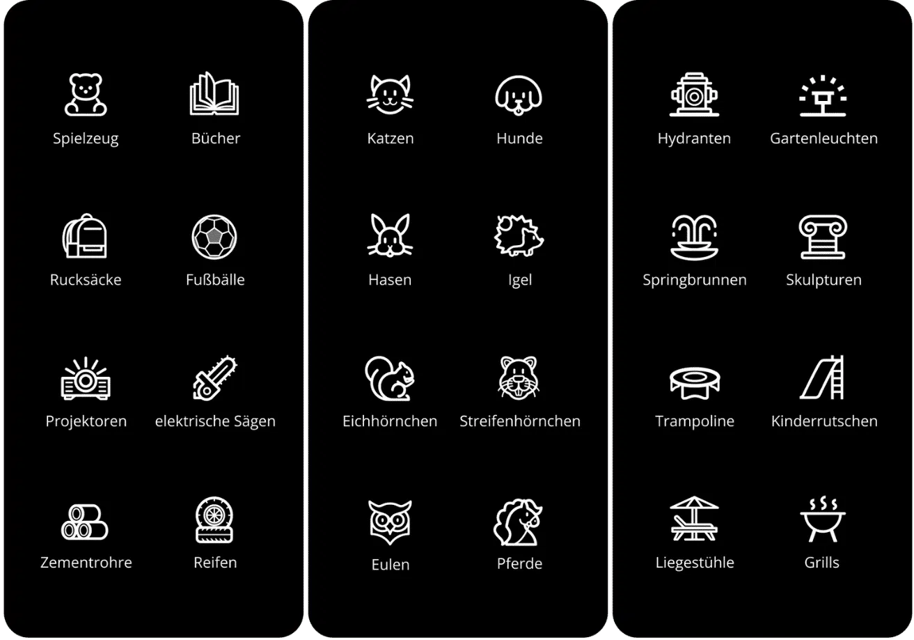 Segway Navimow Hinderniserkennung – Übersicht erkannter Objekte wie Tiere, Spielzeug, Gartenmöbel und mehr