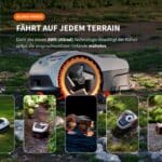 Segway Navimow i2 Mähroboter mit AWD-Allradantrieb auf verschiedenen Geländearten – Schotter, Wurzeln und unebenem Boden