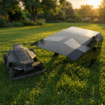 Segway Navimow XXL Garage für X4-Serie und Terranox im Garten bei Sonnenuntergang – stabiles Metall-Schutzdach für Mähroboter mit modernem, wetterfestem Design