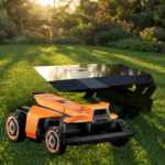 Segway Navimow XXL Garage für X4-Serie und Terranox mit orangefarbenem Mähroboter im Garten – stabiles Metall-Schutzdach für optimalen Schutz vor Sonne, Regen und Witterung